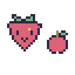 Pixel art Fraise kawaii 16 × 16 et Pomme simple 10 × 10, grille 32 × 32