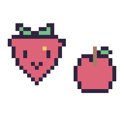 Pixel art Fraise kawaii 16 × 16 et Pomme simple 12 × 12, grille 32 × 32