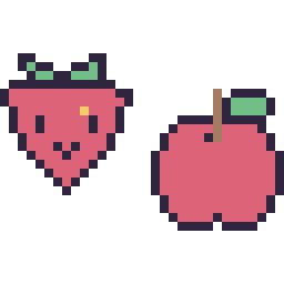 Pixel art Fraise kawaii 16 × 16 et Pomme simple 16 × 16, grille 32 × 32