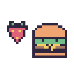 Pixel art Fraise simple 10 × 10 et Burger kawaii 16 × 16, grille 32 × 32