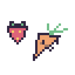 Pixel art Fraise simple 10 × 10 et Carotte kawaii 16 × 16, grille 32 × 32