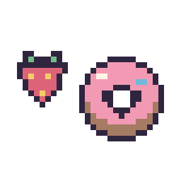 Pixel art Fraise simple 10 × 10 et Donut kawaii 16 × 16, grille 32 × 32