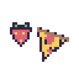 Pixel art Fraise simple 10 × 10 et Pizza kawaii 16 × 16, grille 32 × 32