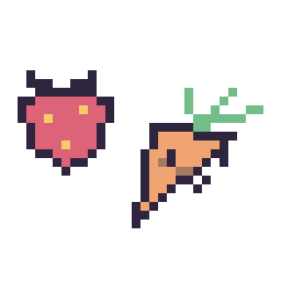 Pixel art Fraise simple 12 × 12 et Carotte kawaii 16 × 16, grille 32 × 32