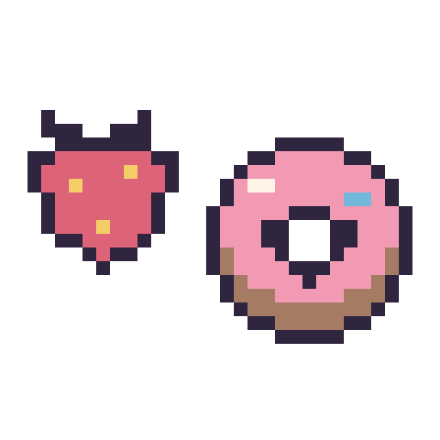 Modèle de pixel art Fraise simple 12 × 12 et Donut kawaii 16 × 16 sur une grille de 32 par 32 cases