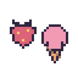 Pixel art Fraise simple 12 × 12 et Glace kawaii 16 × 16, grille 32 × 32