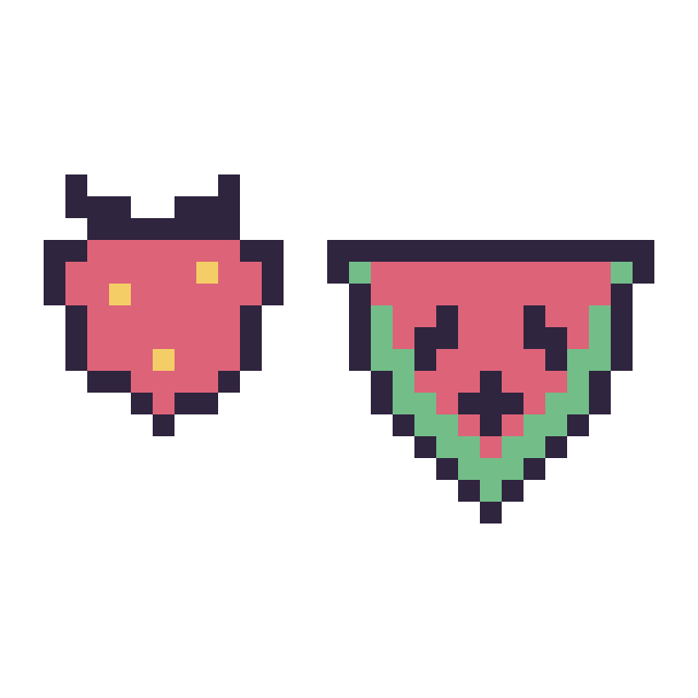 Modèle de pixel art Fraise simple 12 × 12 et Pastèque kawaii 16 × 16 sur une grille de 32 par 32 cases
