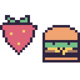 Pixel art Fraise simple 16 × 16 et Burger kawaii 16 × 16, grille 32 × 32