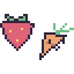 Pixel art Fraise simple 16 × 16 et Carotte kawaii 16 × 16, grille 32 × 32