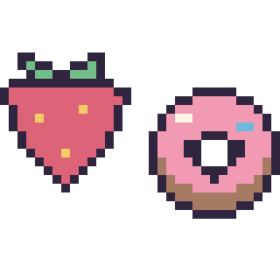Pixel art Fraise simple 16 × 16 et Donut kawaii 16 × 16, grille 32 × 32