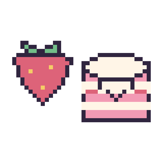 Modèle de pixel art Fraise simple 16 × 16 et Gâteau kawaii sur une grille de 40 par 40 cases