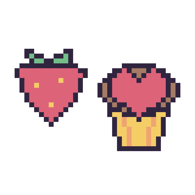 Modèle de pixel art Fraise simple 16 × 16 et Muffin avec un cœur sur une grille de 40 par 40 cases