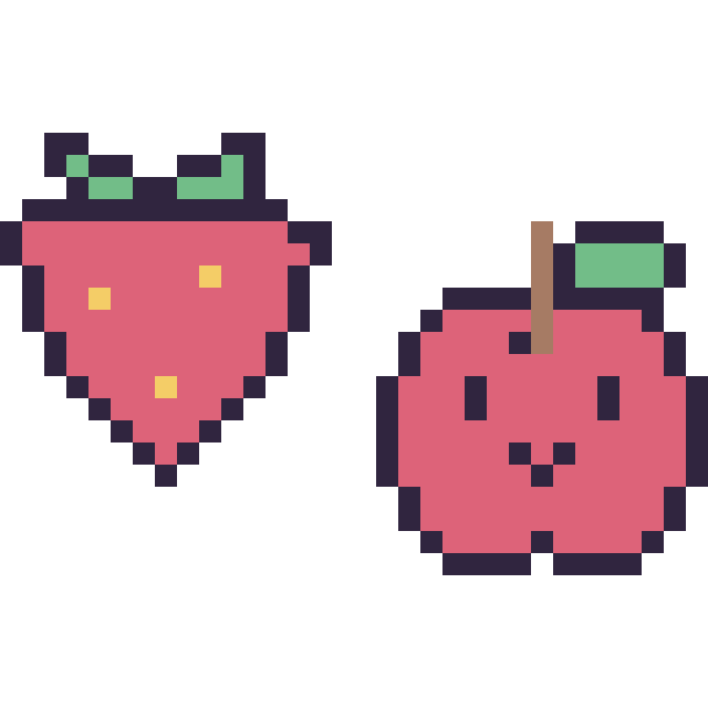 Modèle de pixel art Fraise simple 16 × 16 et Pomme kawaii 16 × 16 sur une grille de 32 par 32 cases