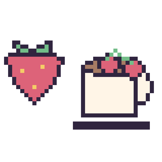 Modèle de pixel art Fraise simple 16 × 16 et Tasse de thé avec des cerises sur une grille de 40 par 40 cases