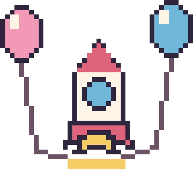 Modèle de pixel art Fusée avec des ballons sur une grille de 40 par 40 cases