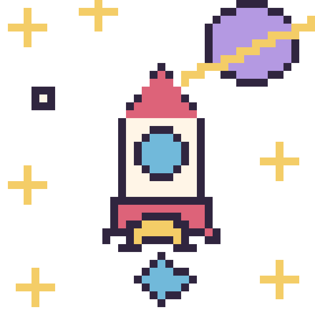 Modèle de pixel art Fusée dans l’espace sur une grille de 40 par 40 cases