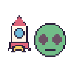Pixel art Fusée et Alien, grille 48 × 48