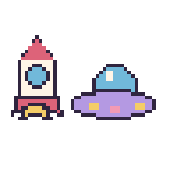 Modèle de pixel art Fusée et Soucoupe volante sur une grille de 48 par 48 cases