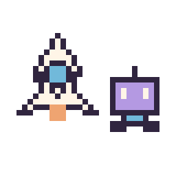Pixel art Fusée kawaii 16 × 16 et Robot simple 12 × 12, grille 32 × 32