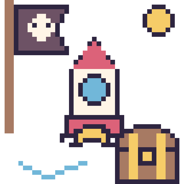 Modèle de pixel art Fusée en aventure pirate sur une grille de 40 par 40 cases