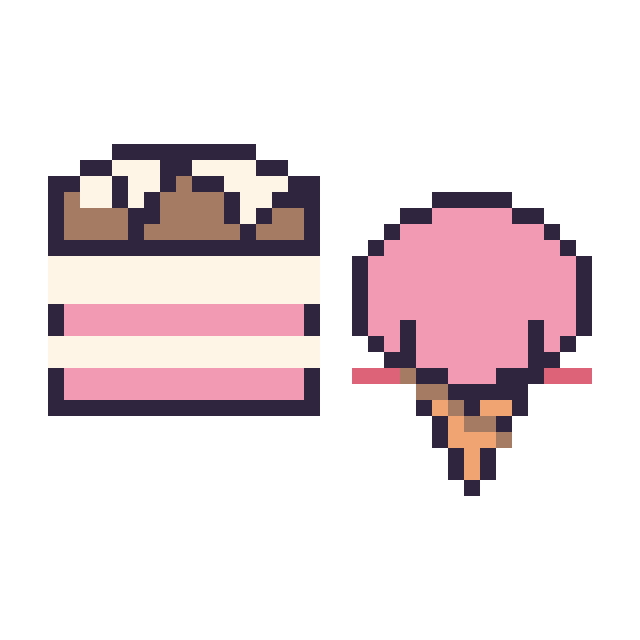 Modèle de pixel art Gâteau au chocolat et Glace kawaii sur une grille de 40 par 40 cases