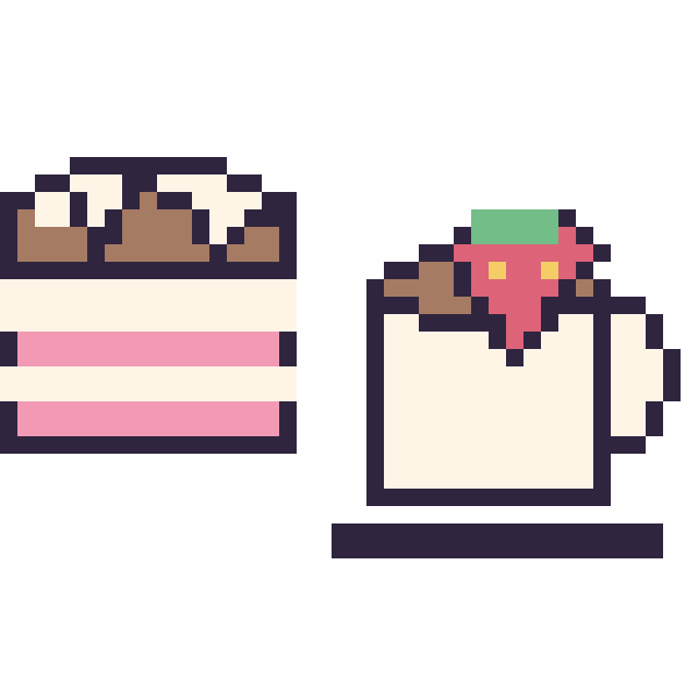 Modèle de pixel art Gâteau au chocolat et Tasse de thé avec une fraise sur une grille de 40 par 40 cases