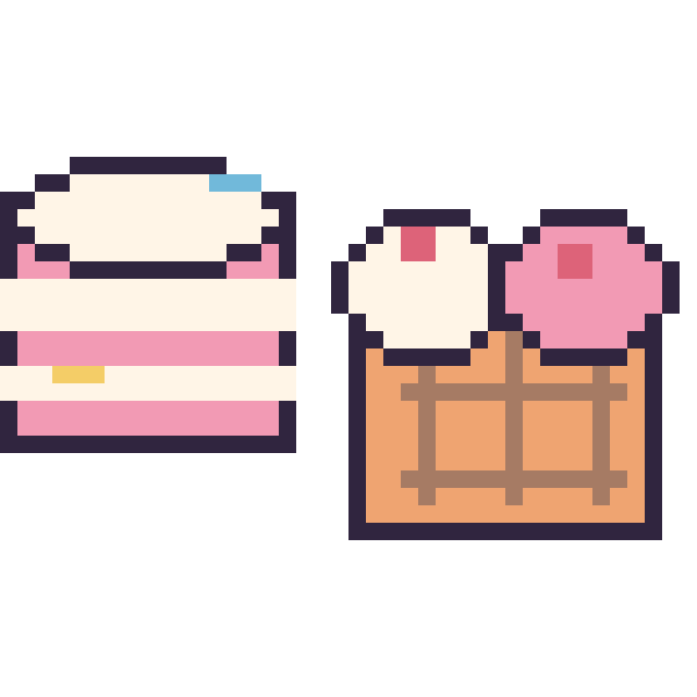 Modèle de pixel art Gâteau décoré et Gaufre double garniture sur une grille de 40 par 40 cases