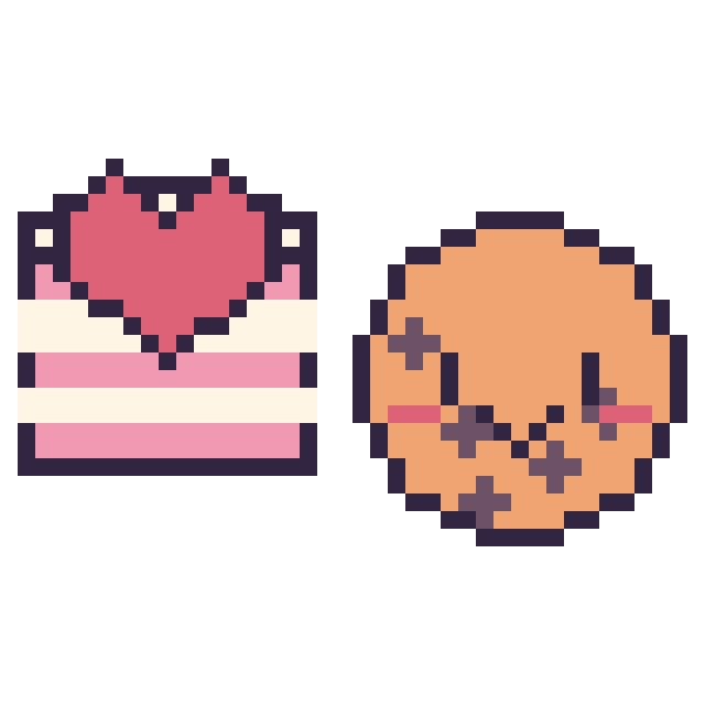 Modèle de pixel art Gâteau avec un cœur et Cookie kawaii sur une grille de 40 par 40 cases