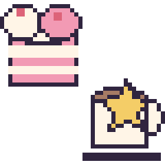 Pixel art Gâteau double garniture et Tasse de thé avec une étoile, grille 40 × 40
