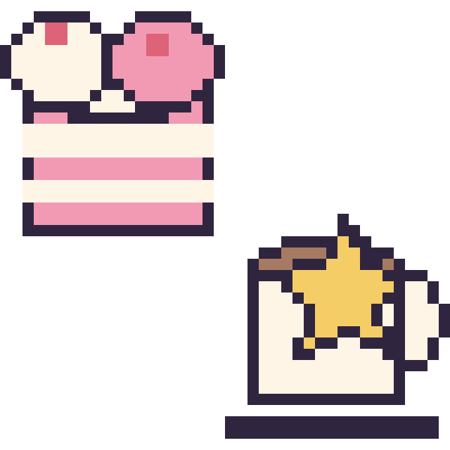 Modèle de pixel art Gâteau double garniture et Tasse de thé avec une étoile sur une grille de 40 par 40 cases