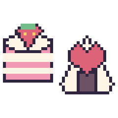 Pixel art Gâteau avec une fraise et Onigiri avec un cœur, grille 40 × 40