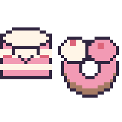Pixel art Gâteau kawaii et Donut double garniture, grille 40 × 40