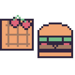 Pixel art Gaufre avec des cerises et Burger kawaii, grille 40 × 40