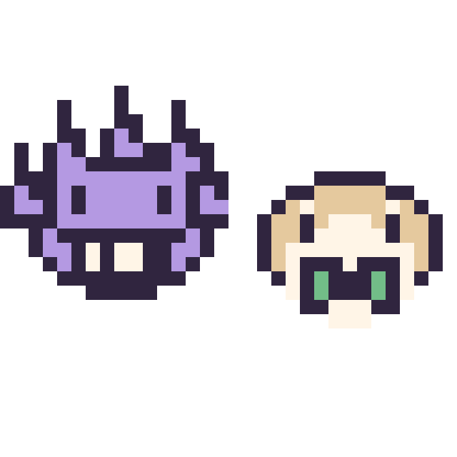 Modèle de pixel art Ectoplasma mini et Brindibou mini sur une grille de 32 par 32 cases