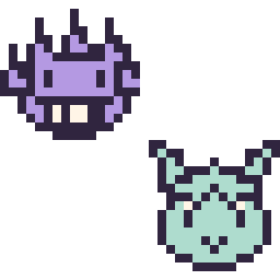 Pixel art Ectoplasma mini et Givrali mini, grille 32 × 32