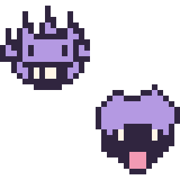 Pixel art Ectoplasma mini et Kokiyas mini, grille 32 × 32