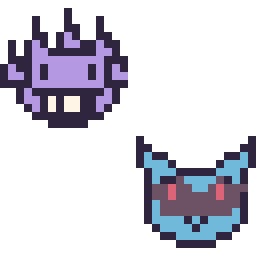 Pixel art Ectoplasma mini et Lucario mini, grille 32 × 32
