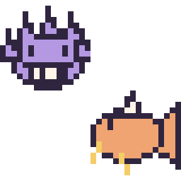 Pixel art Ectoplasma mini et Magicarpe mini, grille 32 × 32