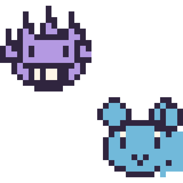 Modèle de pixel art Ectoplasma mini et Marill mini sur une grille de 32 par 32 cases