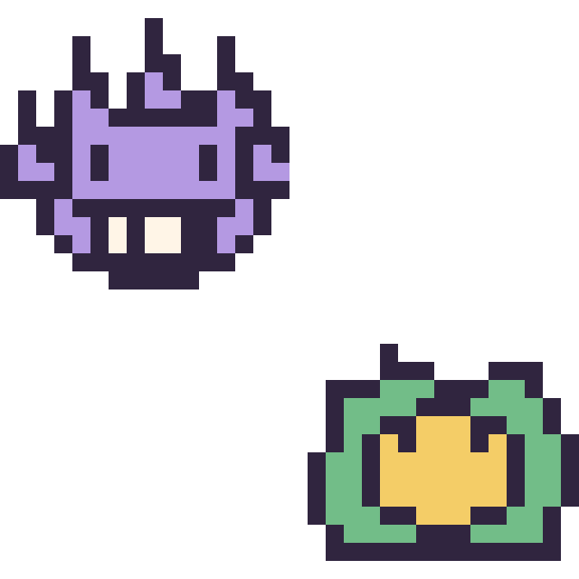 Modèle de pixel art Ectoplasma mini et Nucléos mini sur une grille de 32 par 32 cases