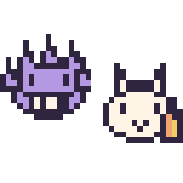 Modèle de pixel art Ectoplasma mini et Ponyta mini sur une grille de 32 par 32 cases