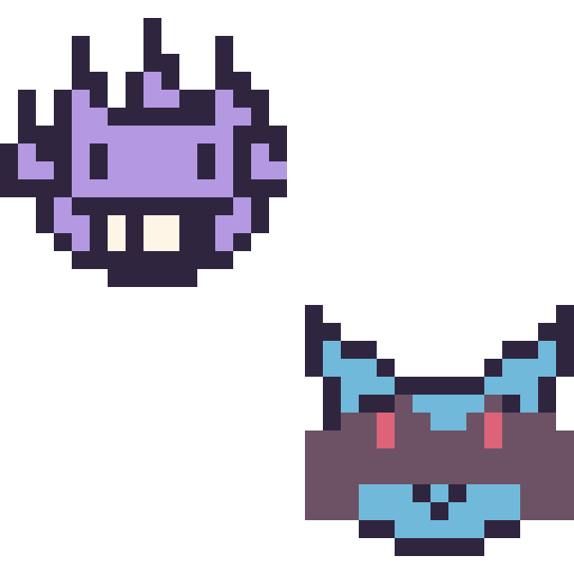 Modèle de pixel art Ectoplasma mini et Riolu mini sur une grille de 32 par 32 cases