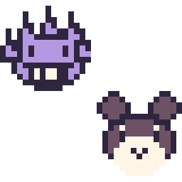 Pixel art Ectoplasma mini et Ronflex mini, grille 32 × 32