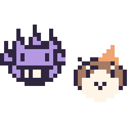 Pixel art Ectoplasma mini et Roucool mini, grille 32 × 32