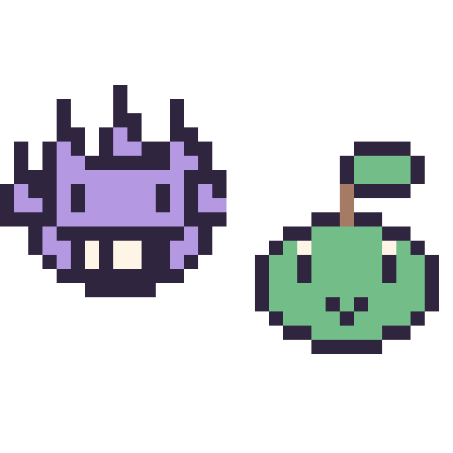 Modèle de pixel art Ectoplasma mini et Tortipouss mini sur une grille de 32 par 32 cases