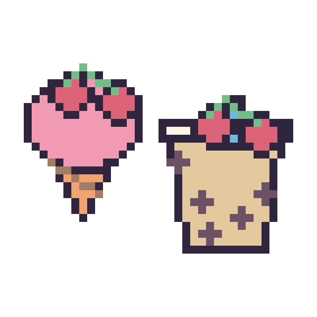 Modèle de pixel art Glace avec des cerises et Boba avec des cerises sur une grille de 40 par 40 cases