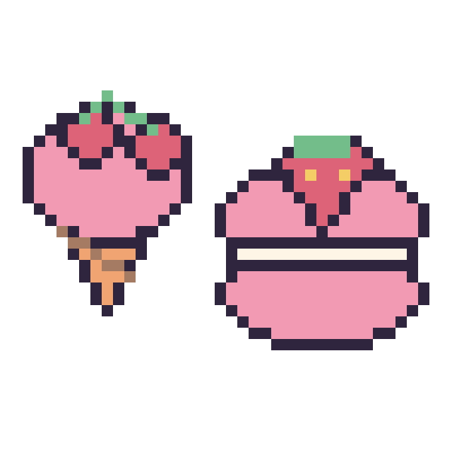 Modèle de pixel art Glace avec des cerises et Macaron avec une fraise sur une grille de 40 par 40 cases