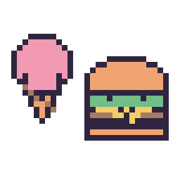 Pixel art Glace kawaii 16 × 16 et Burger kawaii 16 × 16, grille 32 × 32
