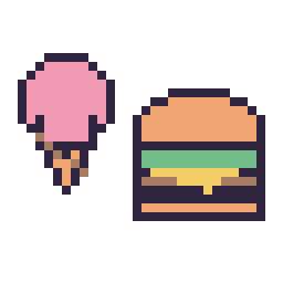 Pixel art Glace kawaii 16 × 16 et Burger simple 16 × 16, grille 32 × 32