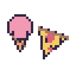 Pixel art Glace kawaii 16 × 16 et Pizza kawaii 16 × 16, grille 32 × 32